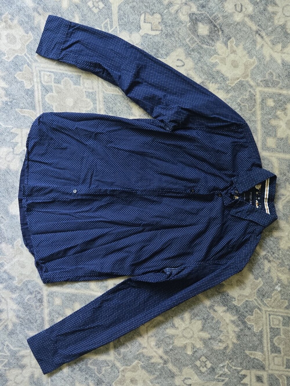 Denim & Flower Navy Blue Microdot Shirt with Floral Trim